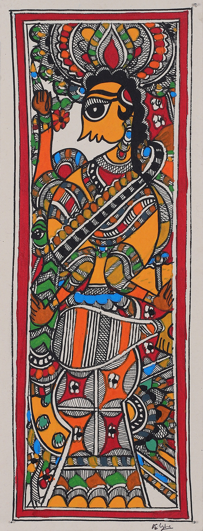 Madhubani painting, 'Goddess Saraswati II' - Hindu Goddess Saraswati Madhubani Painting on Handmade Paper