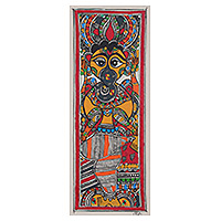 Pintura Madhubani, 'Dios majestuoso Ganesha' - Pintura Madhubani del dios hindú Ganesha sobre papel hecho a mano