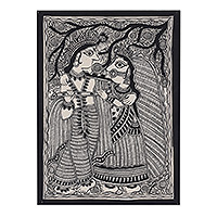 Pintura Madhubani, 'Radha y Krishna Saga' - Pintura Madhubani de los dioses hindúes Krishna y Radha