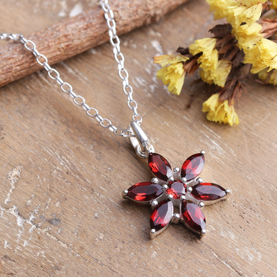 Garnet pendant necklace, 'Floral Devotion' - Floral Faceted Three-Carat Garnet Pendant Necklace