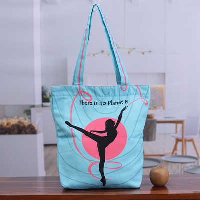 Cotton tote bag, 'This Unique Planet' - Printed Inspirational Blue and Pink Cotton Tote Bag