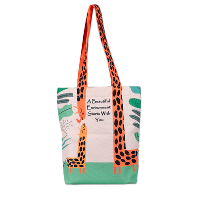 Cotton tote bag, 'Tall Hopes' - Printed Inspirational Giraffe-Themed Cotton Tote Bag