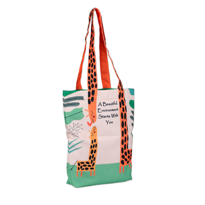 Cotton tote bag, 'Tall Hopes' - Printed Inspirational Giraffe-Themed Cotton Tote Bag
