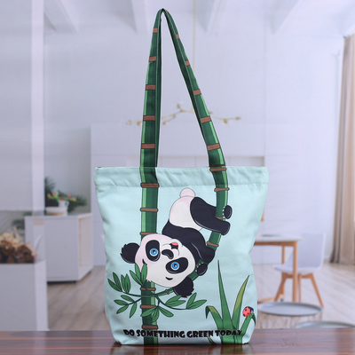 Cotton tote bag, 'Bamboo Message' - Printed Inspirational Panda-Themed Green Cotton Tote Bag