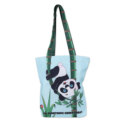 Printed Inspirational Panda-Themed Green Cotton Tote Bag - Bamboo ...