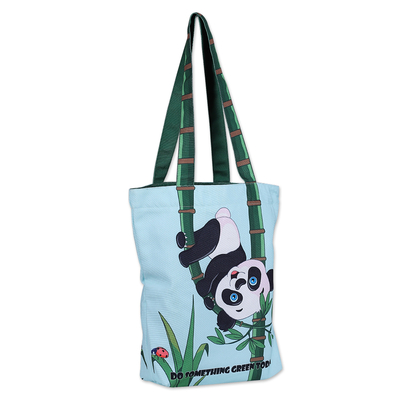 Bolso tote de algodón - Bolso tote de algodón verde con estampado inspirador y temática de pandas