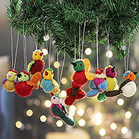 Wool felt ornaments, 'Singing Sparrow' (set of 10) - Set of 10 Bird-Themed Wool Felt Christmas Tree Ornaments