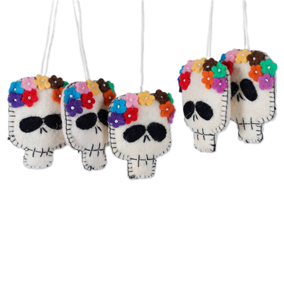 Wool felt ornaments, 'Life & Death' (set of 5) - Set of 5 Skull and Flower-Themed Wool Felt Ornaments