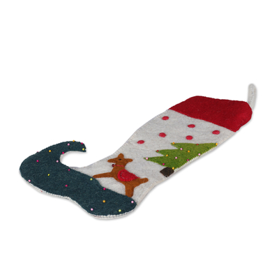Applique wool felt beaded Christmas stocking, 'Cute Reindeer' - Handmade Applique Wool Felt Glass Beaded Christmas Stocking