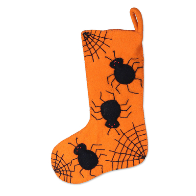 Wool felt stocking, 'Spooky Presents' - Halloween-Themed Orange Wool Felt Stocking from India