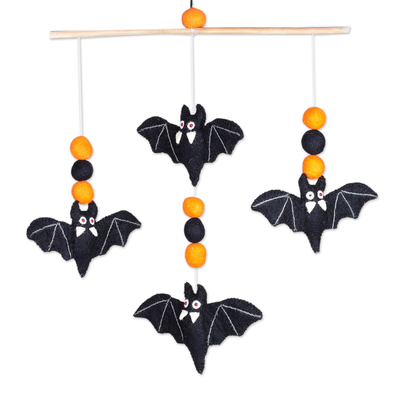 Wool felt wall hanging, 'Haunted Bats' - Handmade Bat-Themed Orange and Black Wool Felt Wall Hanging