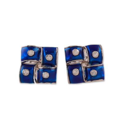 Moissanite button earrings, 'Regal Promise' - High-Polished Rhodium-Plated Blue Moissanite Button Earrings