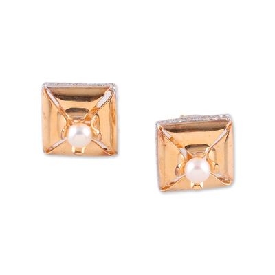 Gold-plated moissanite and cultured pearl button earrings, 'Oath of Triumph' - 18k Gold-Plated Moissanite and Cream Pearl Button Earrings