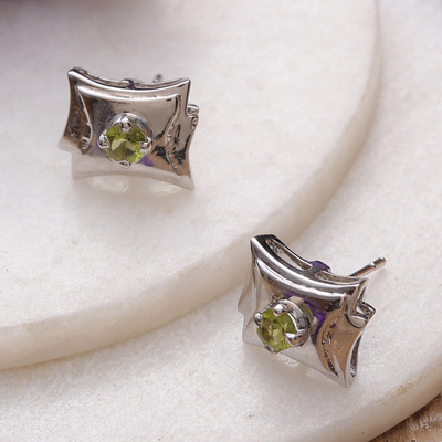 Peridot button earrings, 'Lucky Cosmopolis' - High-Polished Modern Natural Peridot Button Earrings