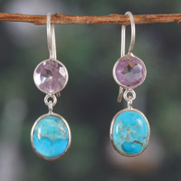 Amethyst dangle earrings, 'Harmonious & Wise' - Two-Carat Amethyst and Recon Turquoise Dangle Earrings