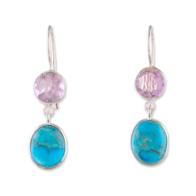 Amethyst dangle earrings, 'Harmonious & Wise' - Two-Carat Amethyst and Recon Turquoise Dangle Earrings