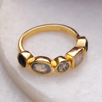 Gold-plated multi-gemstone band ring, 'Five Spirits'