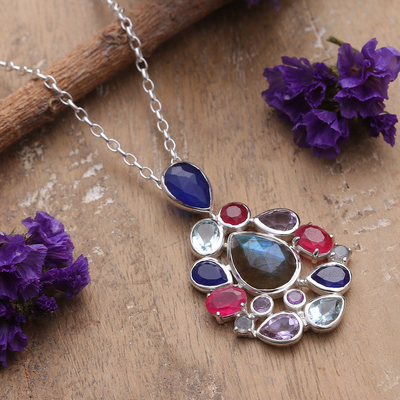Multi-gemstone pendant necklace, 'Blissful Glam' - Labradorite Quartz Amethyst and Blue Topaz Pendant Necklace