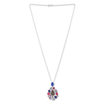 Halskette mit Anhänger aus mehreren Edelsteinen, „Blissful Glam“ – Halskette mit Labradorit-Quarz-Amethyst- und Blautopas-Anhänger