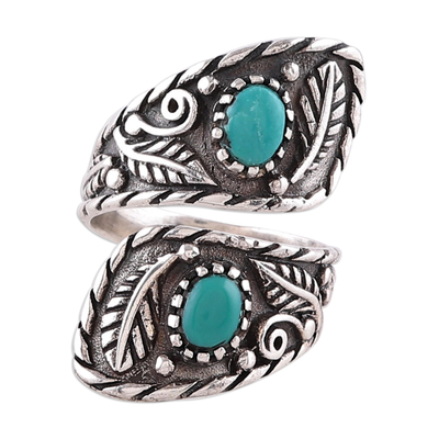 Sterling silver wrap ring, 'Call from Paradise' - Classic Leafy and Floral Reconstituted Turquoise Wrap Ring