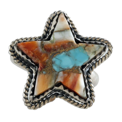 Reconstituted turquoise cocktail ring, 'Starry Festival' - Star-Themed Cocktail Ring with Reconstituted Turquoise Stone