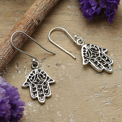 Sterling silver dangle earrings, 'Hamsa Delight' - Sterling Silver Hamsa Protection Symbol Dangle Earrings