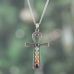 Multi-gemstone pendant necklace, 'Chakra Cross' - One-Carat Cross-Shaped Multi-Gemstone Pendant Necklace