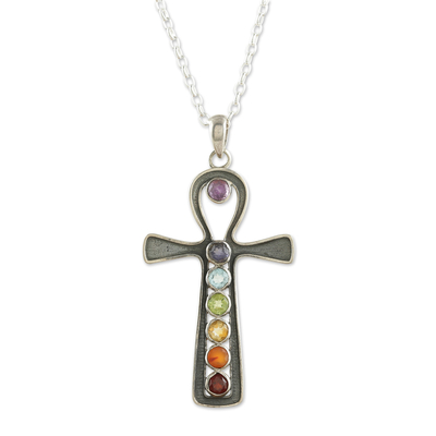 Multi-gemstone pendant necklace, 'Chakra Cross' - One-Carat Cross-Shaped Multi-Gemstone Pendant Necklace