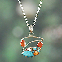 Carnelian pendant necklace, 'Sunset Sky' - Polished Carnelian and Recon Turquoise Pendant Necklace