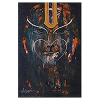 'Sankat Mochan' - Pintura acrílica expresionista firmada en tonos oscuros de la India
