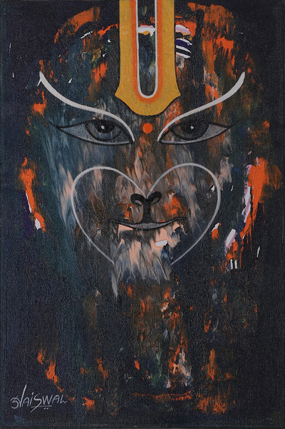 'Sankat Mochan' - Signed Expressionist Dark-Toned Acrylic Painting from India
