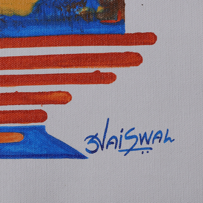 'Sakti Kunj' - Signed Expressionist Red and Blue Acrylic Abstract Painting