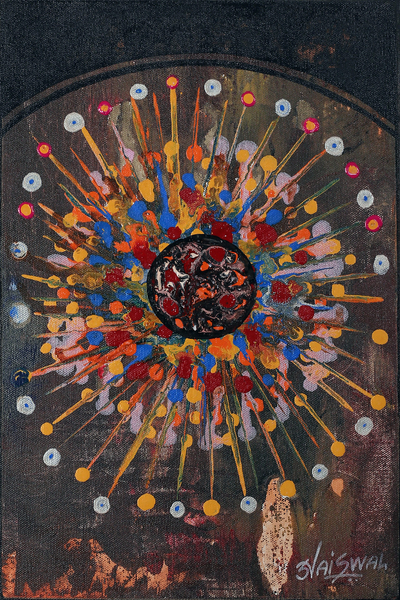 'Cosmic Dance' - Pintura acrílica multicolor expresionista en tonos oscuros firmada