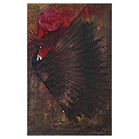 „Sky High“ – signiertes expressionistisches braunes und rotes Acryl-Vogelgemälde