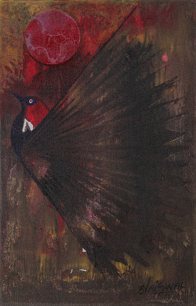 'Sky High' - Signed Expressionist Brown and Red Acrylic Bird Painting