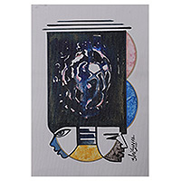 'Thought Process II' - Pintura acrílica expresionista firmada en tonos azules procedente de la India