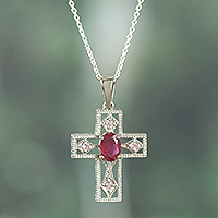 Rhodium-plated ruby pendant necklace, 'Faithful Passion'