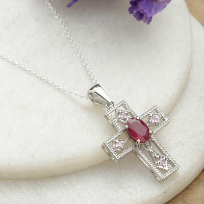 Rhodium-plated ruby pendant necklace, 'Faithful Passion' - Ruby and Cubic Zirconia Cross Pendant Necklace from India