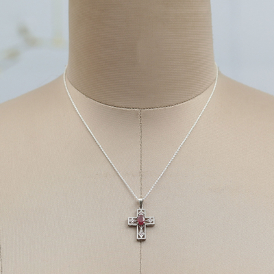 Rhodium-plated ruby pendant necklace, 'Faithful Passion' - Ruby and Cubic Zirconia Cross Pendant Necklace from India