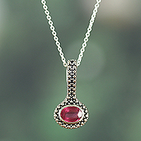 Rhodium-plated ruby pendant necklace, 'Pink Joy'