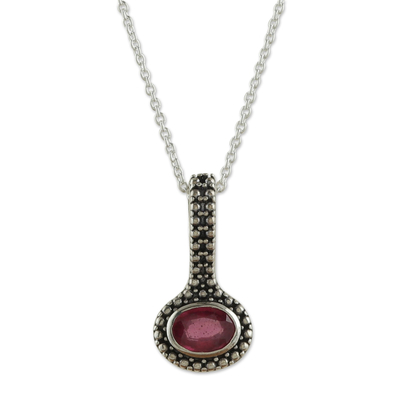 Rhodium-plated ruby pendant necklace, 'Pink Joy' - Classic One-Carat Faceted Ruby Pendant Necklace from India