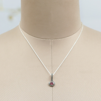 Rhodium-plated ruby pendant necklace, 'Pink Joy' - Classic One-Carat Faceted Ruby Pendant Necklace from India