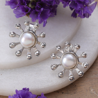 Aretes de perlas cultivadas - Pendientes tipo botón de perlas cultivadas color crema en forma de estrella de la India