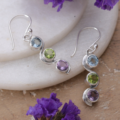 Multi-gemstone dangle earrings, 'Serene Goddess' - Polished Three-Carat Faceted Multi-Gemstone Dangle Earrings