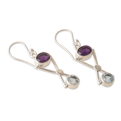 Amethyst and blue topaz dangle earrings, 'Wise Avant-Garde' - Geometric 4-Carat Amethyst and Blue Topaz Dangle Earrings