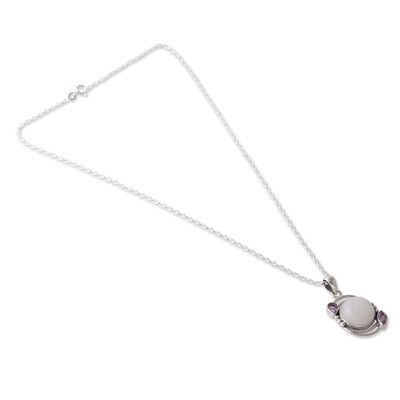 Rainbow moonstone and amethyst pendant necklace, 'Luminous Charm' - Sterling Silver Rainbow Moonstone Amethyst Pendant Necklace