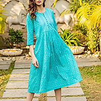 Cotton A-line dress, 'Cyan Spring' - Floral and Striped Cyan and Emerald Cotton A-Line Dress