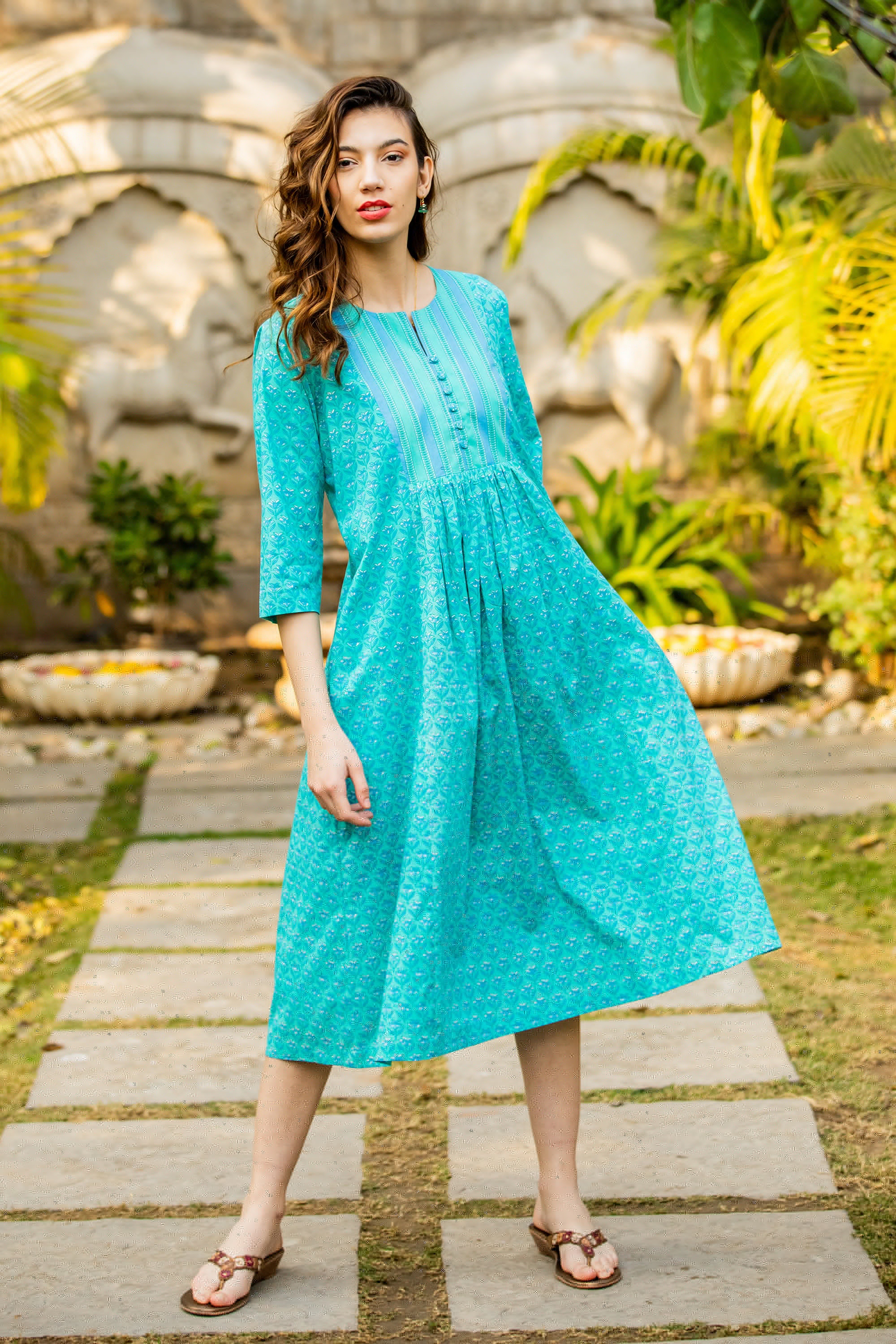 Cotton A-line dress, 'Cyan Spring' - Floral and Striped Cyan and Emerald Cotton A-Line Dress (image 2) thumbail