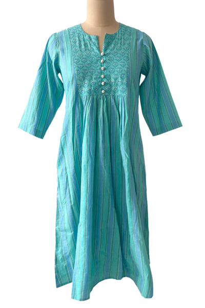 Cotton A-line dress, 'Cyan Spring' - Floral and Striped Cyan and Emerald Cotton A-Line Dress