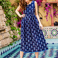 Cotton A-line dress, 'Midnight Duchess' - Patterned Blue and Midnight Cotton A-Line Dress